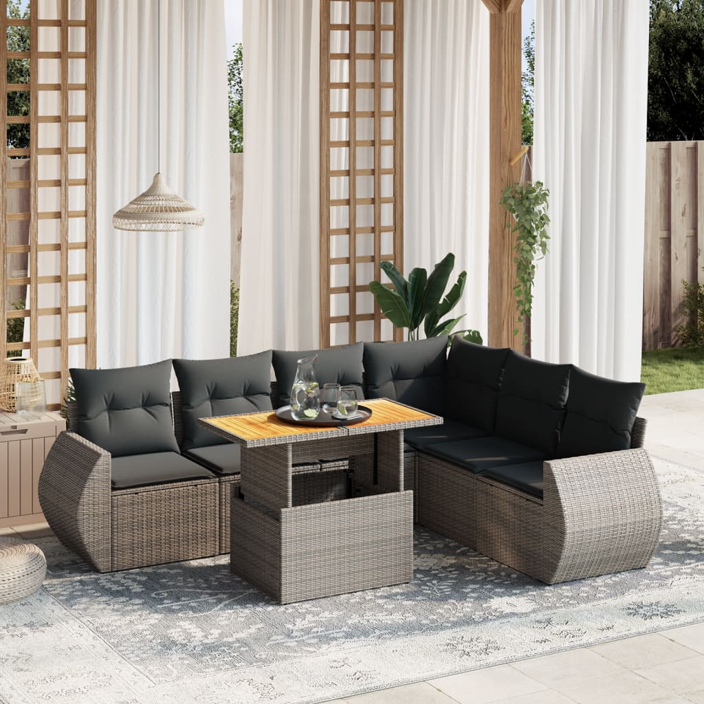 7-tlg. Garten-Sofagarnitur mit Kissen Grau Poly Rattan